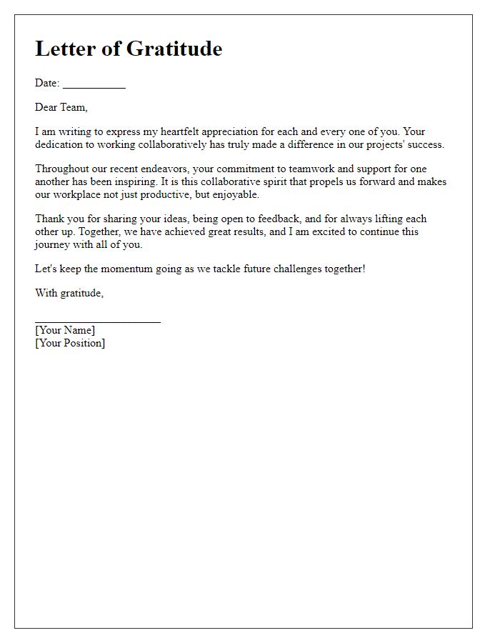 Letter template of gratitude for teamwork and collaborative spirit.