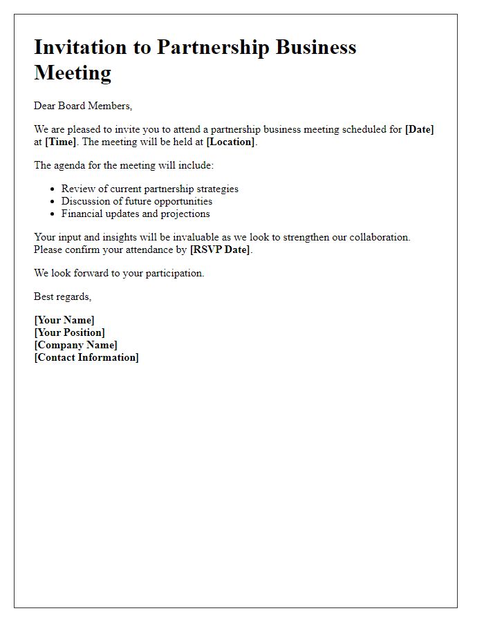 Letter template of partnership business meeting invitation for board members.