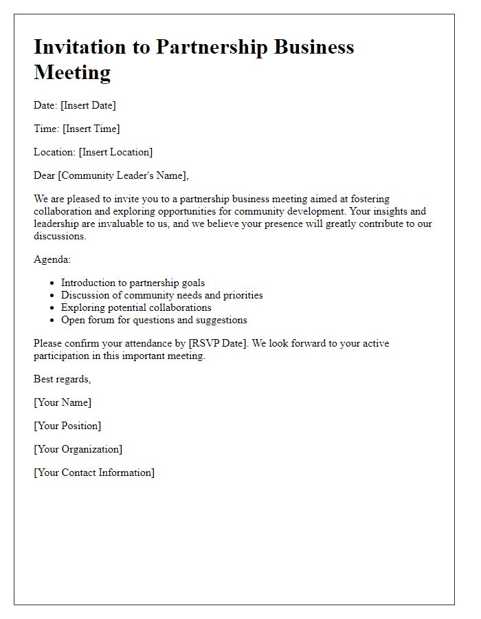 Letter template of partnership business meeting invitation for community leaders.