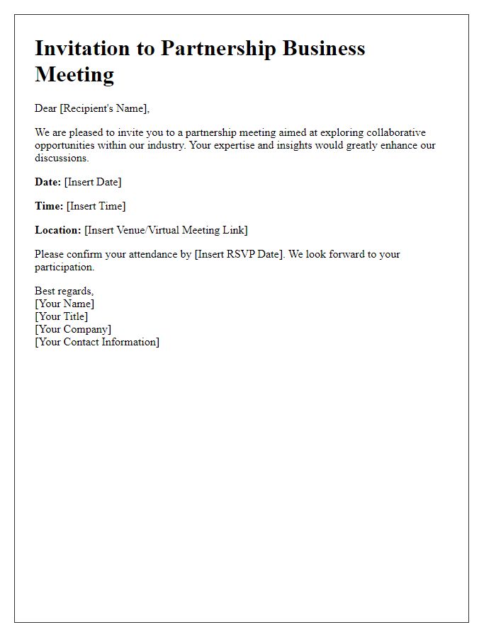 Letter template of partnership business meeting invitation for industry professionals.