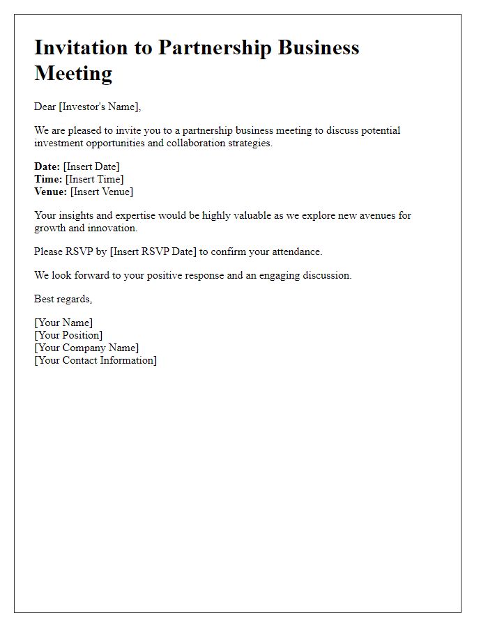 Letter template of partnership business meeting invitation for investors.