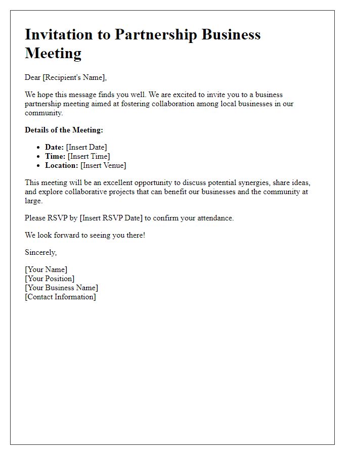 Letter template of partnership business meeting invitation for local businesses.