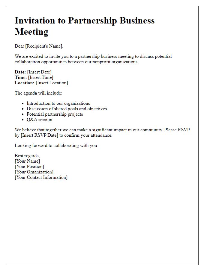 Letter template of partnership business meeting invitation for nonprofit organizations.