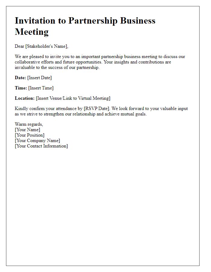 Letter template of partnership business meeting invitation for stakeholders.