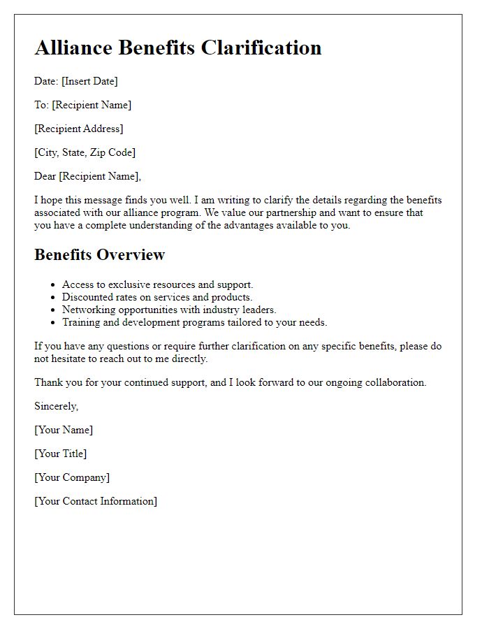 Letter template of Alliance Benefits Clarification