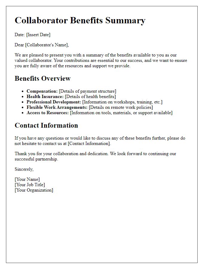 Letter template of Collaborator Benefits Summary