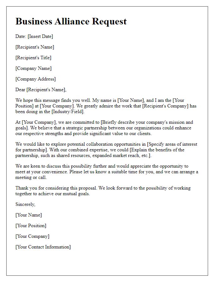 Letter template of business alliance request for strategic partnerships