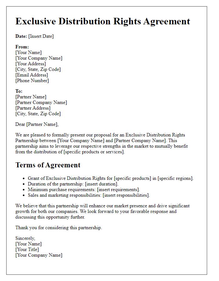 Letter template of Exclusive Distribution Rights Partnership