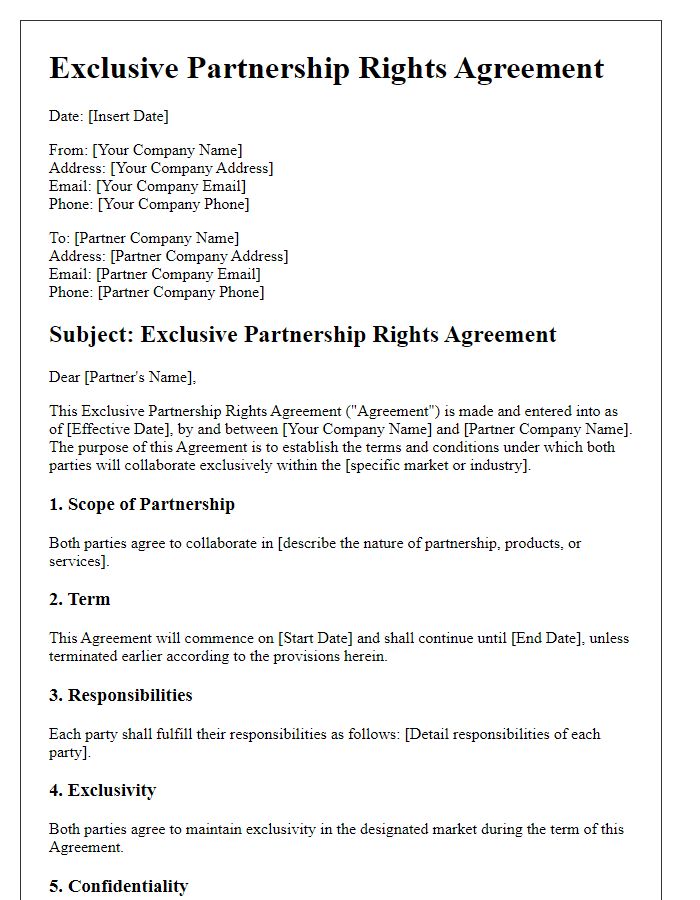 Letter template of Exclusive Partnership Rights Agreement