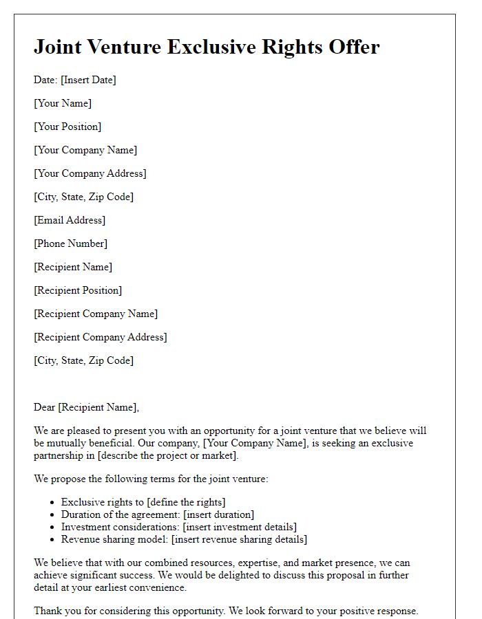 Letter template of Joint Venture Exclusive Rights Offer