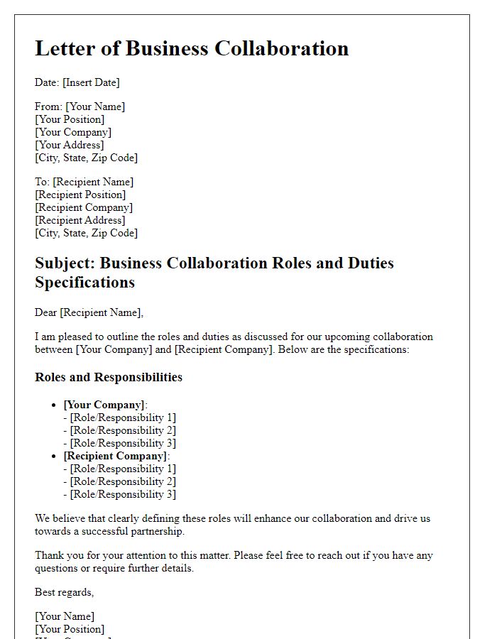 Letter template of Business Collaboration: Roles and Duties Specifications