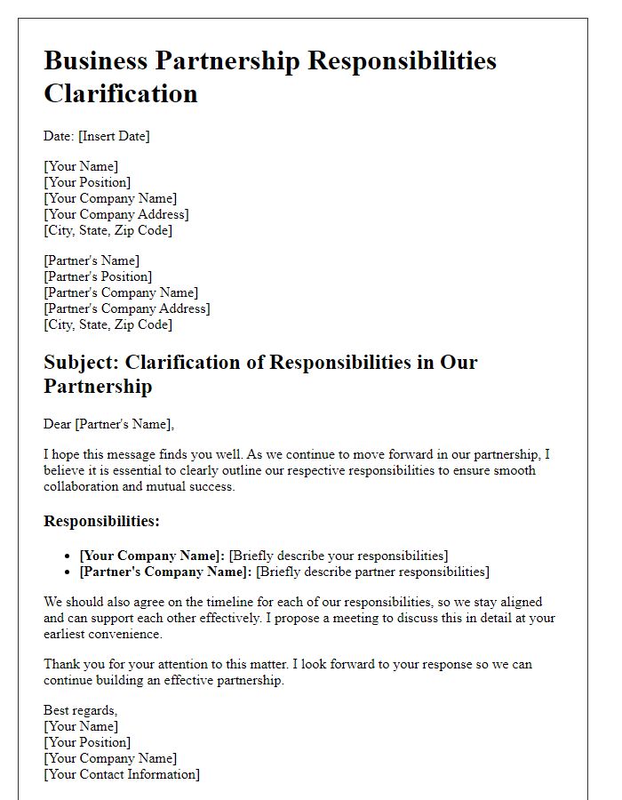 Letter template of Business Partnership: Responsibilities Clarification