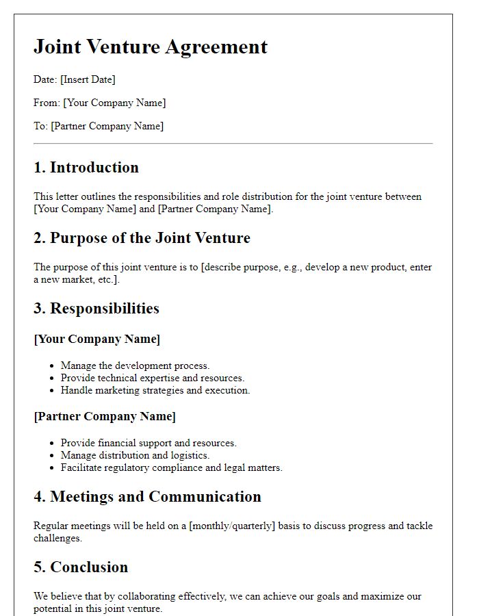 Letter template of Joint Venture: Responsibilities and Role Distribution