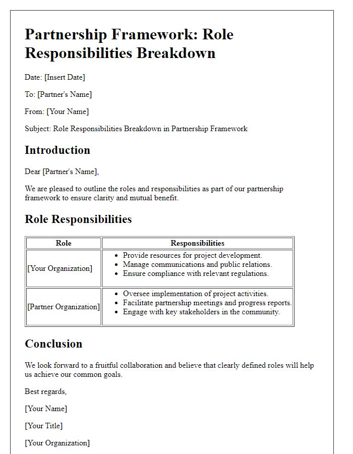 Letter template of Partnership Framework: Role Responsibilities Breakdown