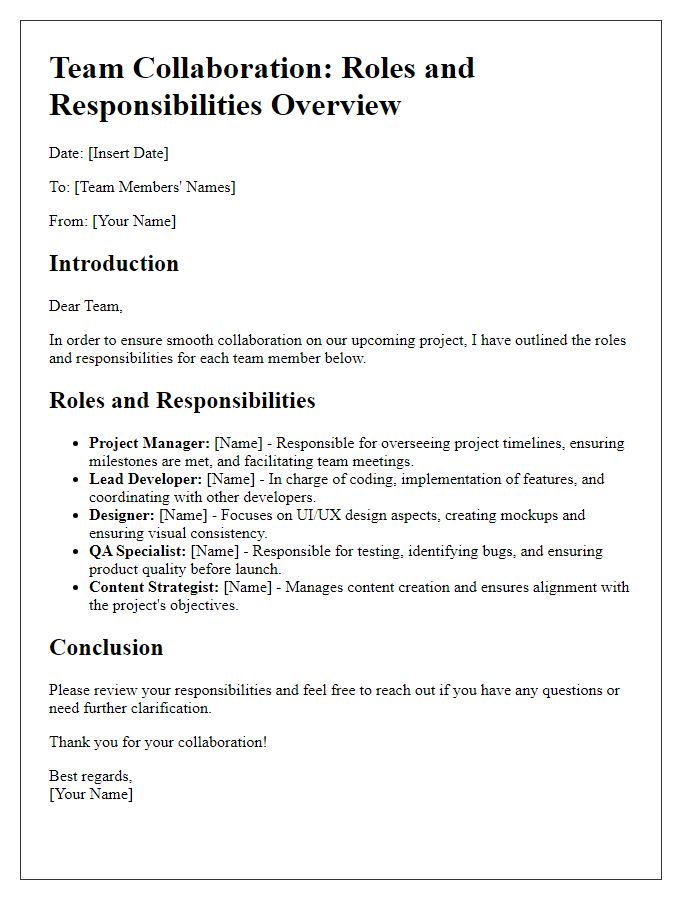 Letter template of Team Collaboration: Roles and Responsibilities Overview