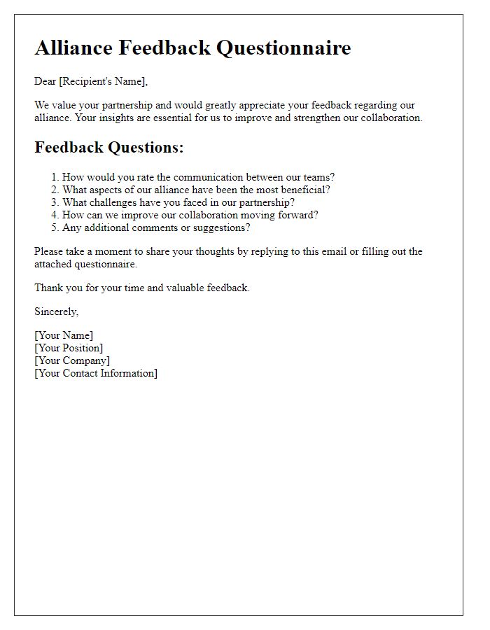 Letter template of alliance feedback questionnaire