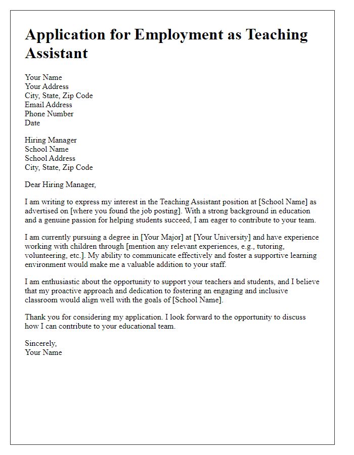 Letter template of application for employment as teaching assistant