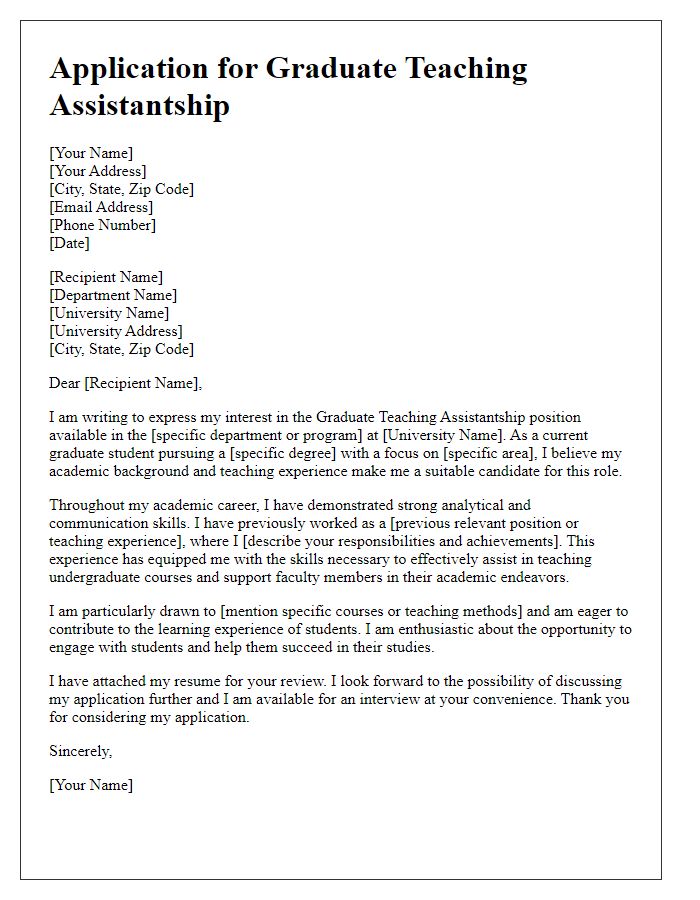 Letter template of application for graduate teaching assistantship