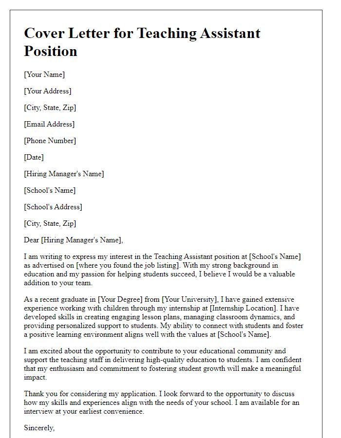 Letter template of cover letter for teaching assistant job