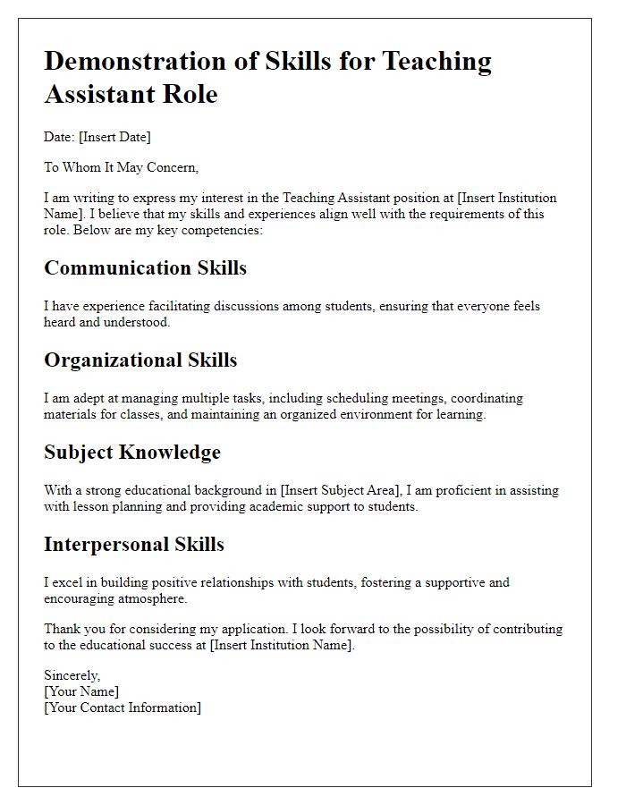 Letter template of demonstration of skills for teaching assistant role