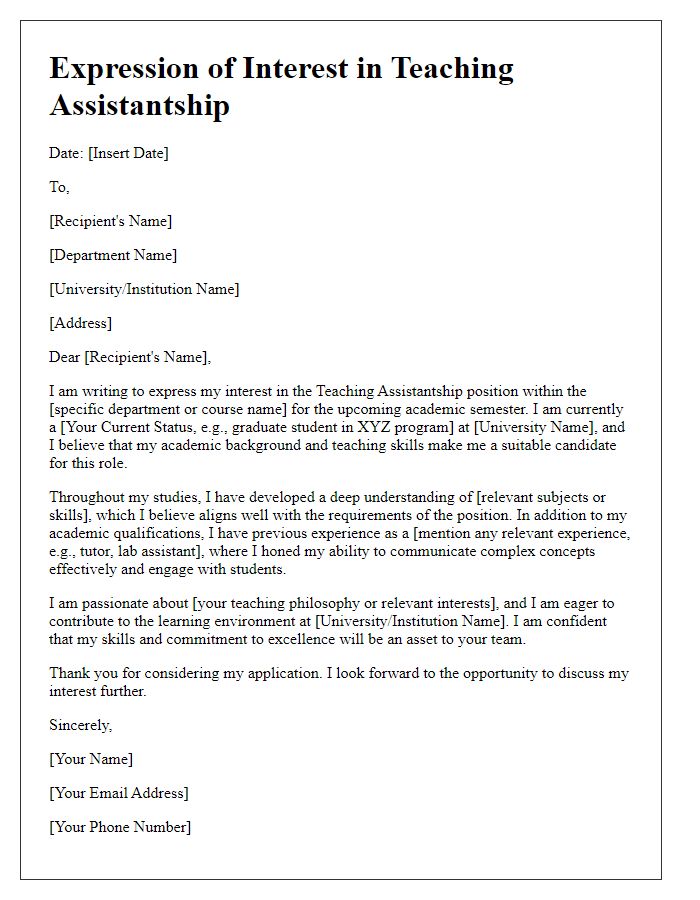 Letter template of expression of interest in teaching assistantship