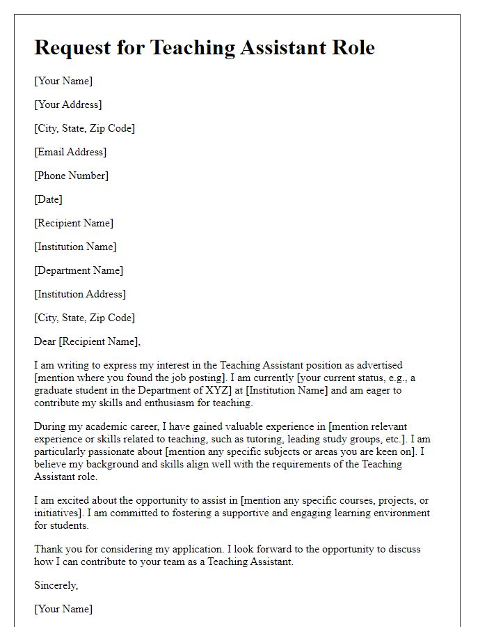 Letter template of request for teaching assistant role