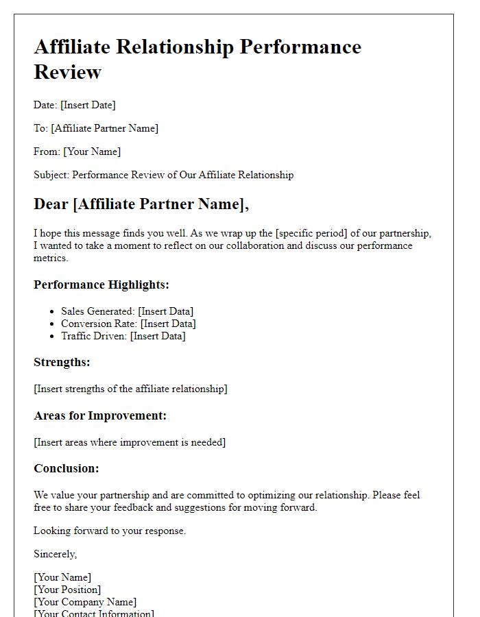 Letter template of affiliate relationship performance review