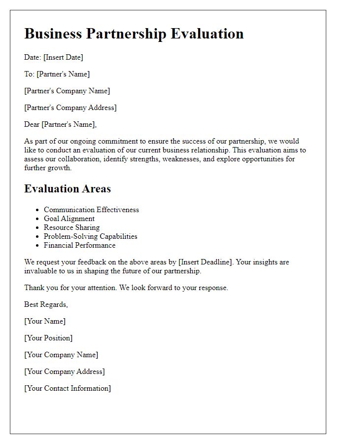 Letter template of business partnership evaluation