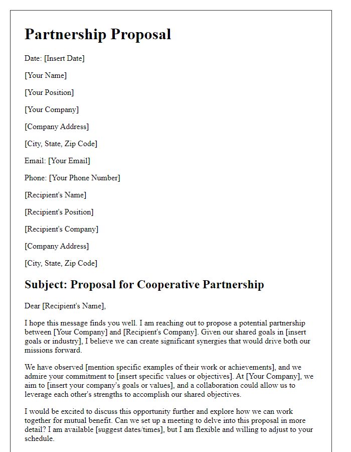 Letter template of cooperative partnership suggestion for shared goals