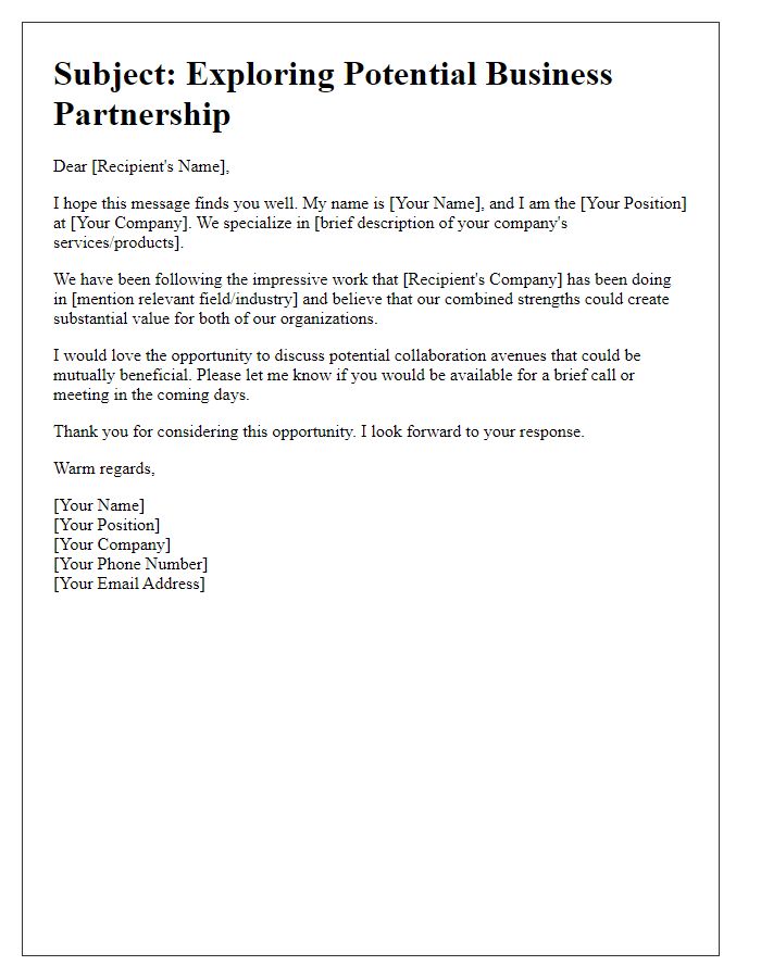 Letter template of introductory outreach for potential business alliances