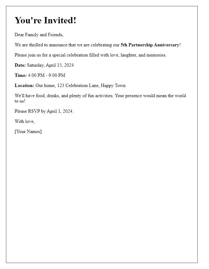 Letter template of partnership anniversary celebration invitation for family and friends