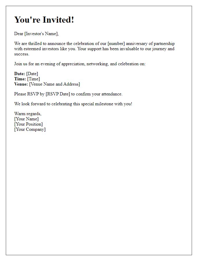 Letter template of partnership anniversary celebration invitation for investors