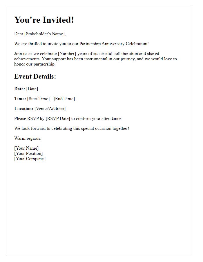 Letter template of partnership anniversary celebration invitation for stakeholders