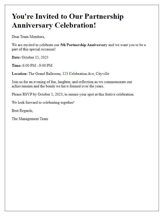 Letter template of partnership anniversary celebration invitation for team members