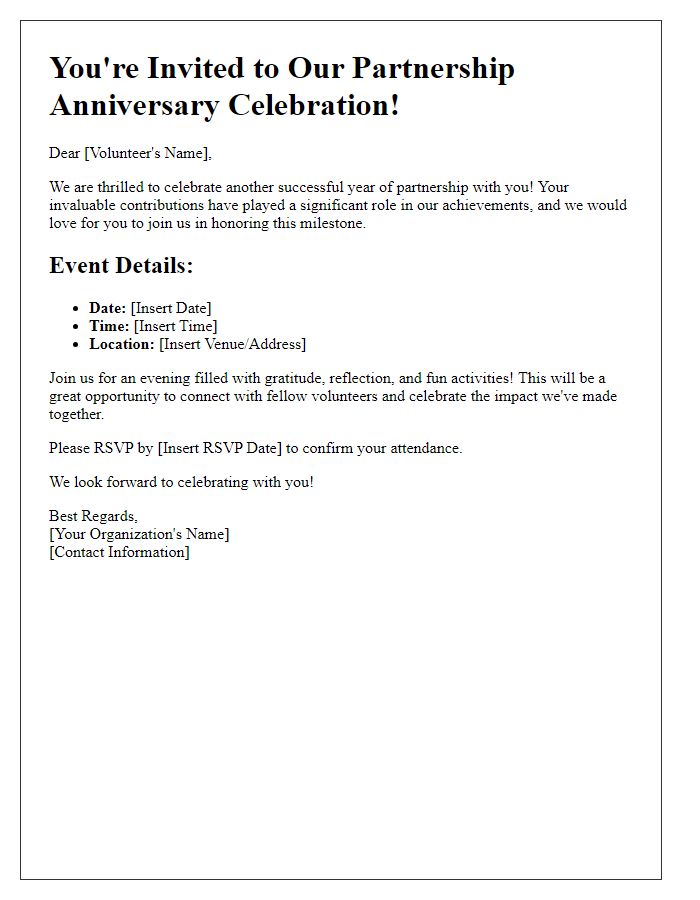 Letter template of partnership anniversary celebration invitation for volunteers