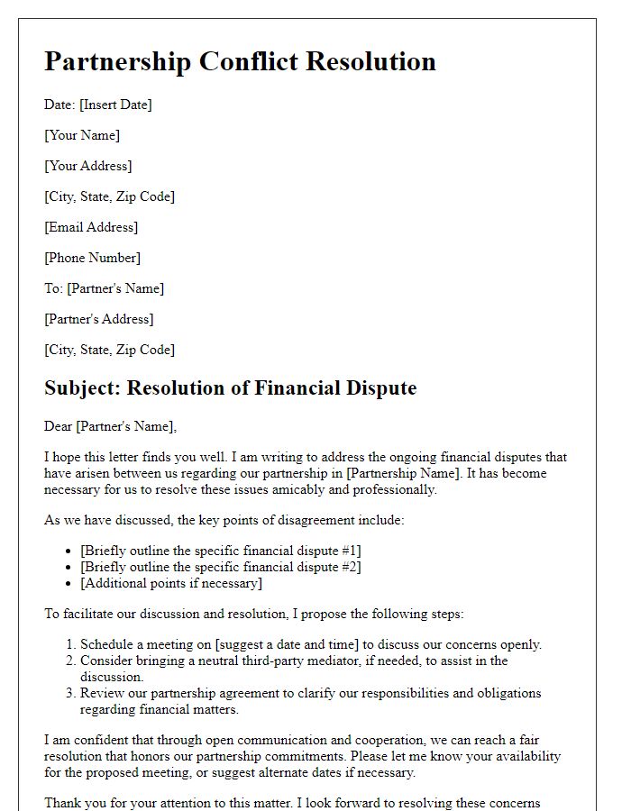 Letter template of partnership conflict resolution addressing financial disputes