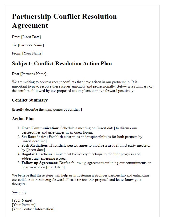 Letter template of partnership conflict resolution containing action plans