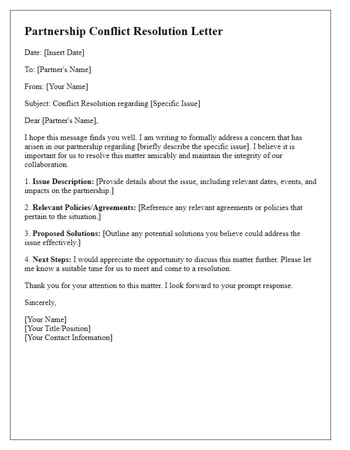 Letter template of partnership conflict resolution for formal grievances