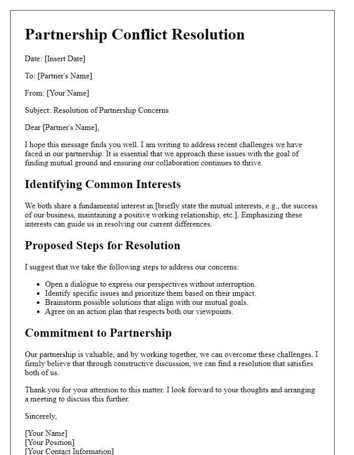 Letter template of partnership conflict resolution highlighting mutual interests