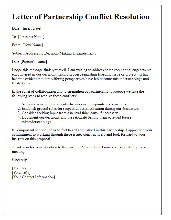 Letter template of partnership conflict resolution tackling decision-making disagreements