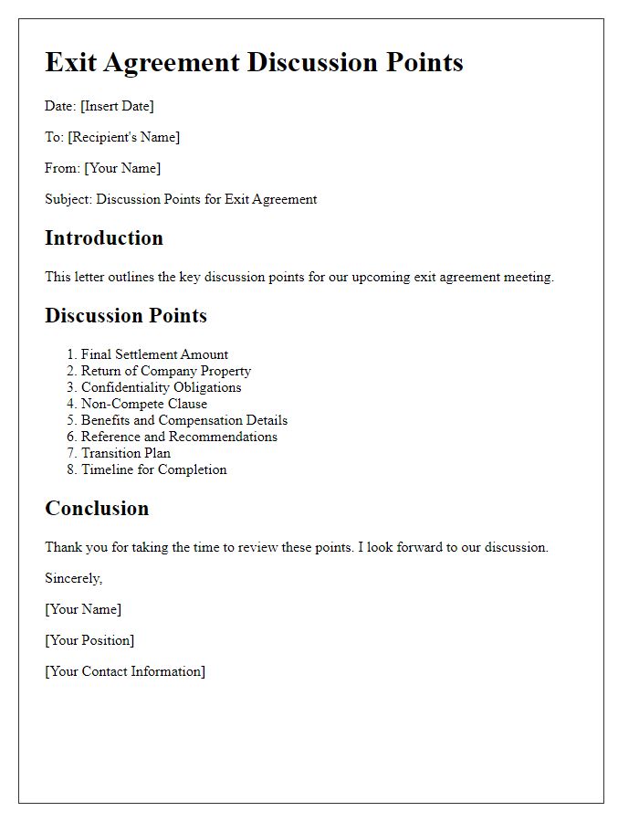 Letter template of exit agreement discussion points