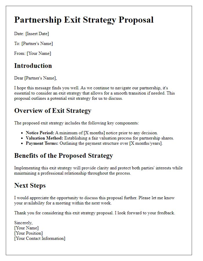 Letter template of partnership exit strategy proposal