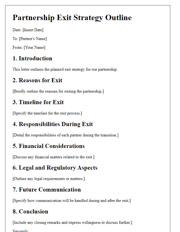 Letter template of planned exit strategy outline for partnership