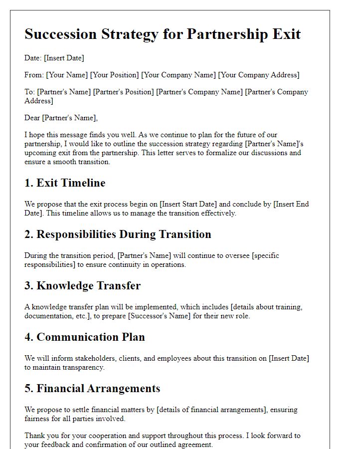 Letter template of succession strategy for partnership exit