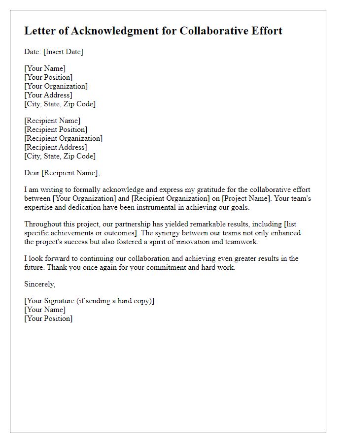 Letter template of collaborative effort acknowledgment