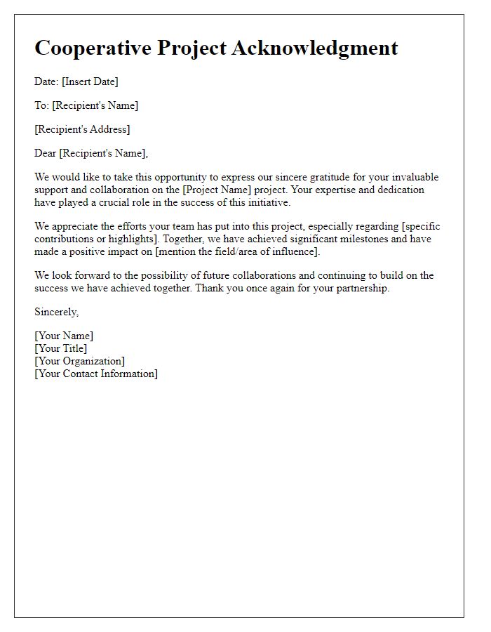 Letter template of cooperative project acknowledgment