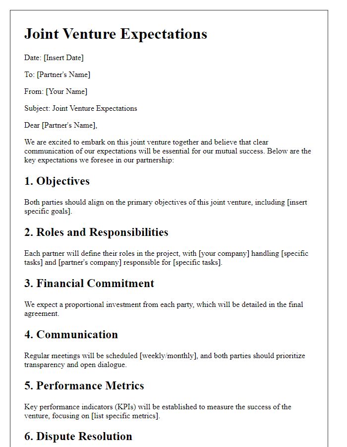 Letter template of joint venture expectations.