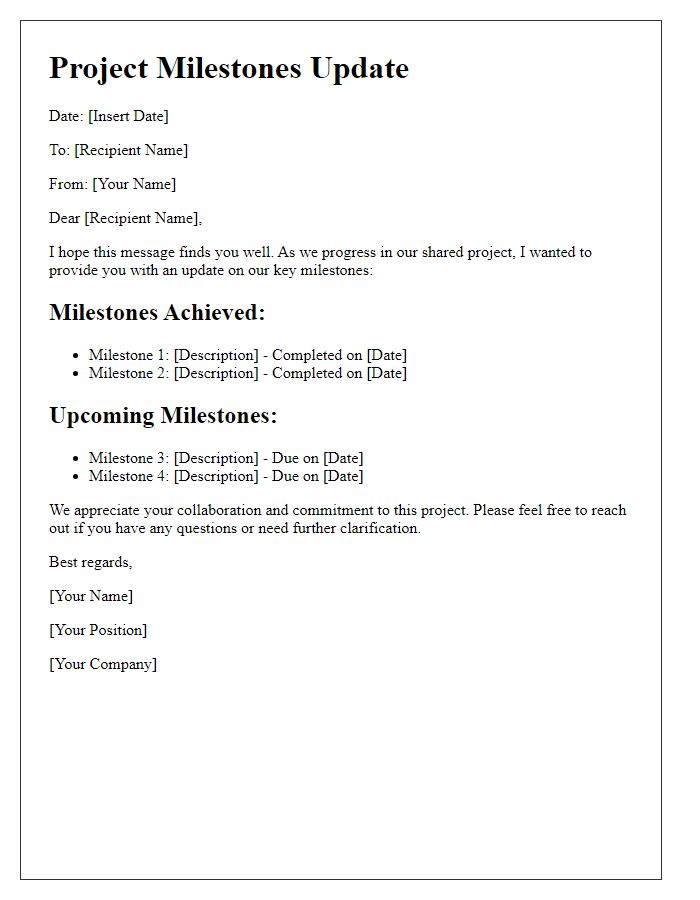 Letter template of shared project milestones.
