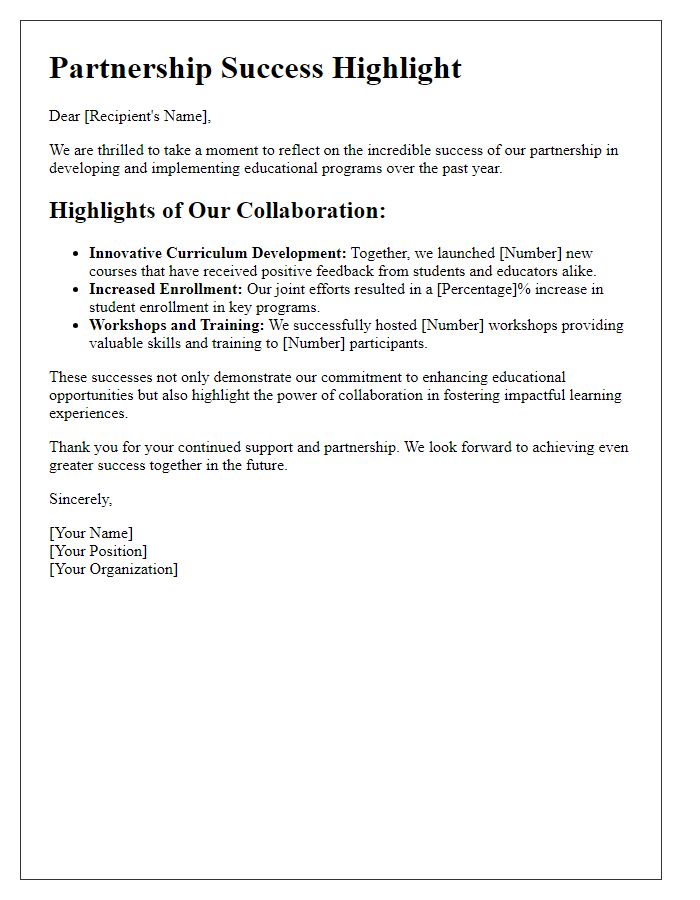 Letter template of partnership success highlight for educational programs.