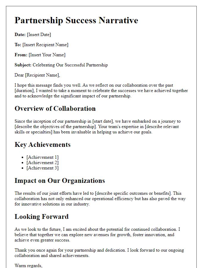 Letter template of partnership success narrative for corporate collaboration.